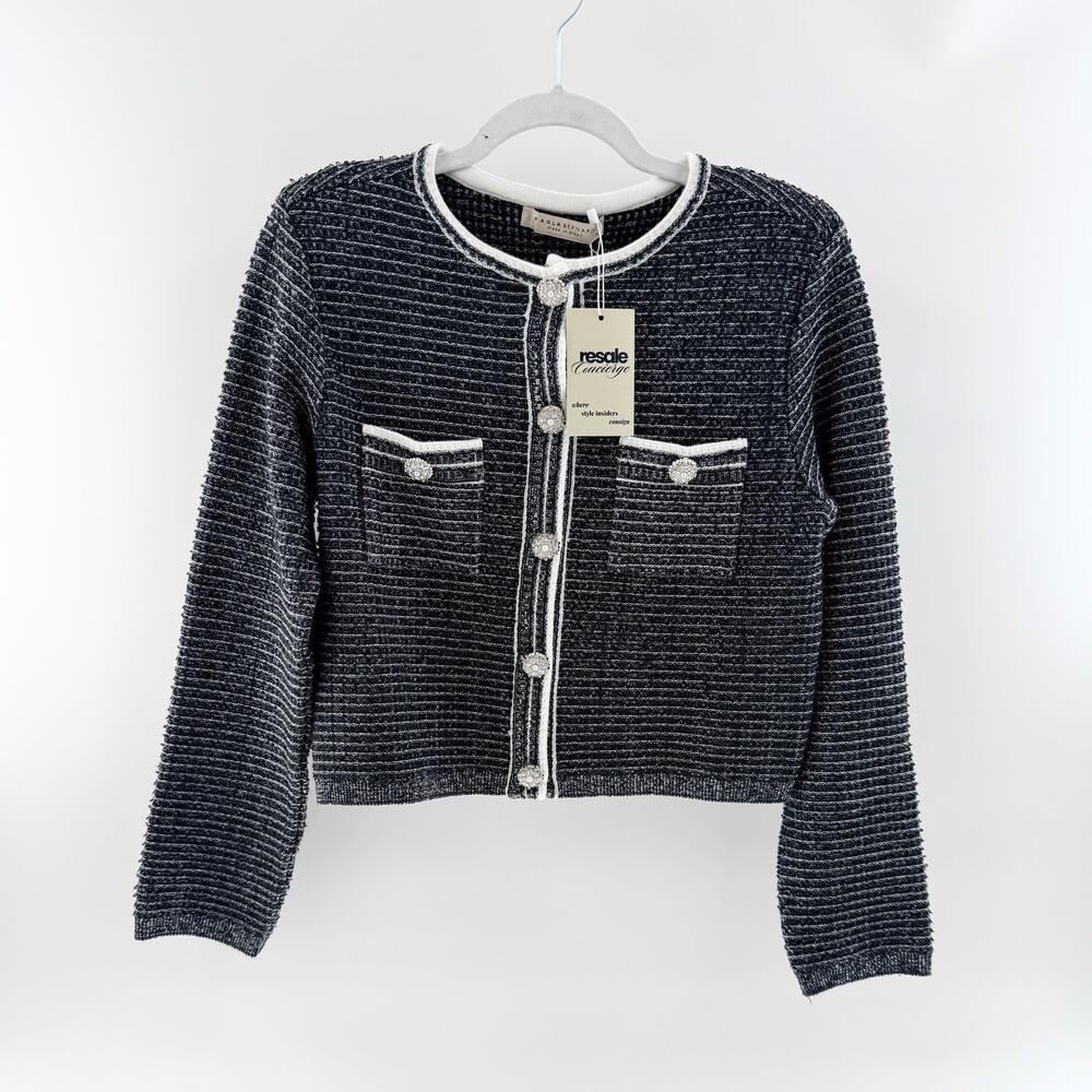 NWOT Paola Bernardi Long Sleeve Knit Crop Blazer Jacket Black White Womens M